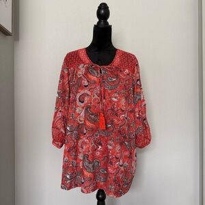 Farmers Market 3X Boho Paisley Blouse Red Tassel Tie Neck Plus Size